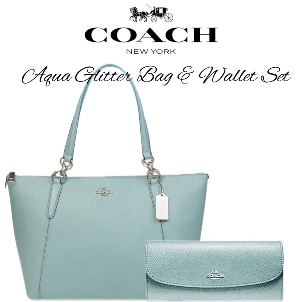 COACH AVA TOTE BAG IN GLITTER AQUA BLUE LEATHER F11900 AND F11835 WALLET SET - Picture 2 of 16